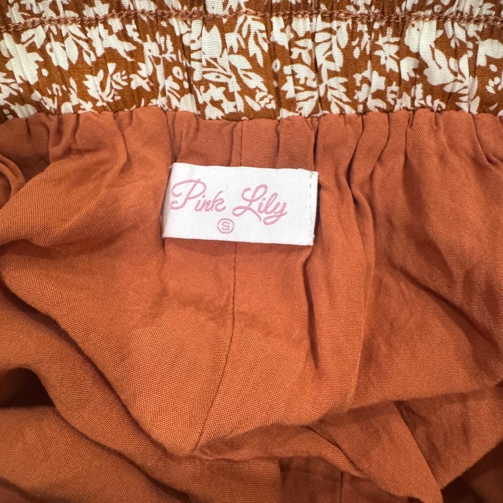 Pink Lily Floral Tiered Midi Skirt – Rust Brown – Size Small - Picture 5 of 5